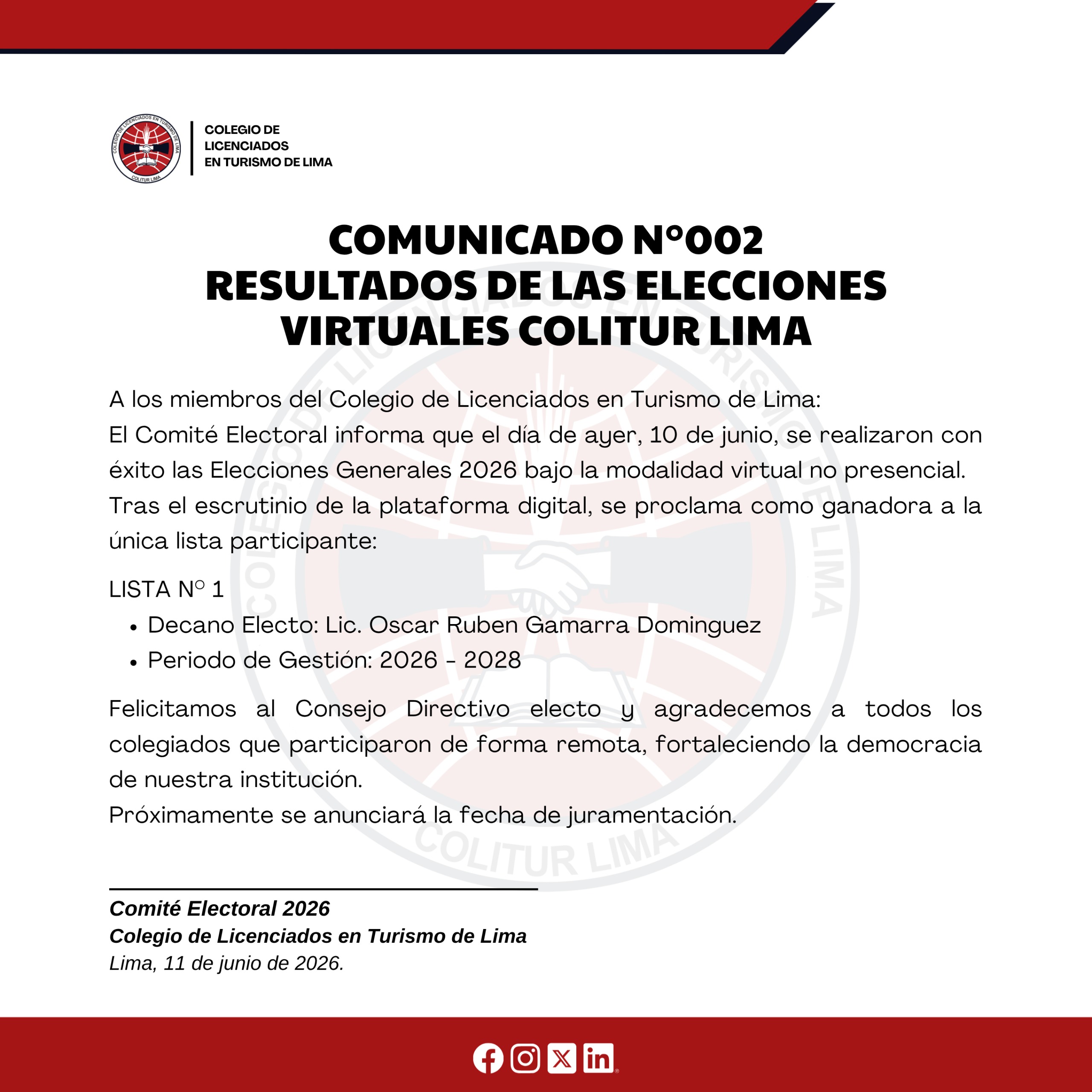 COMUNICADO 002-2026 COMITÉ ELECTORAL 2026
